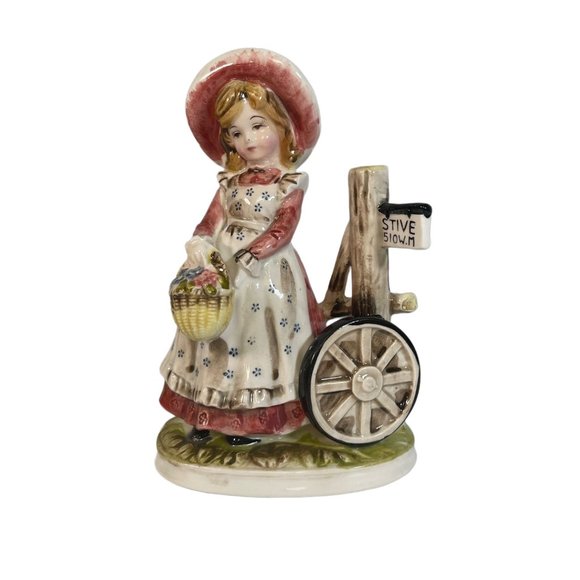 unmarked Other - Vintage Girl with Basket of Flowers Figurine Wagon Wheel Sign